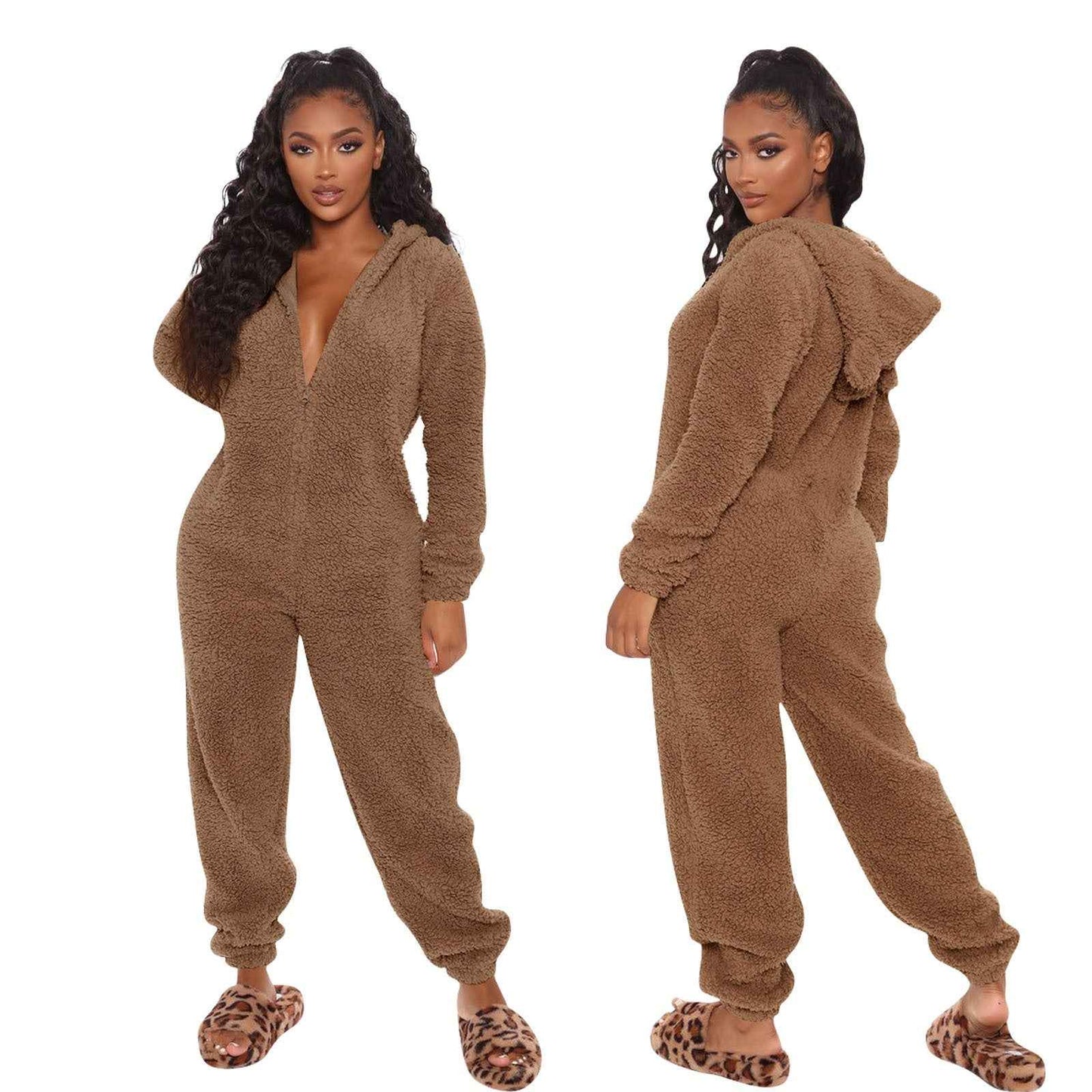 Fleece-lined Thickened Furry Jumpsuit Hooded Pajamas