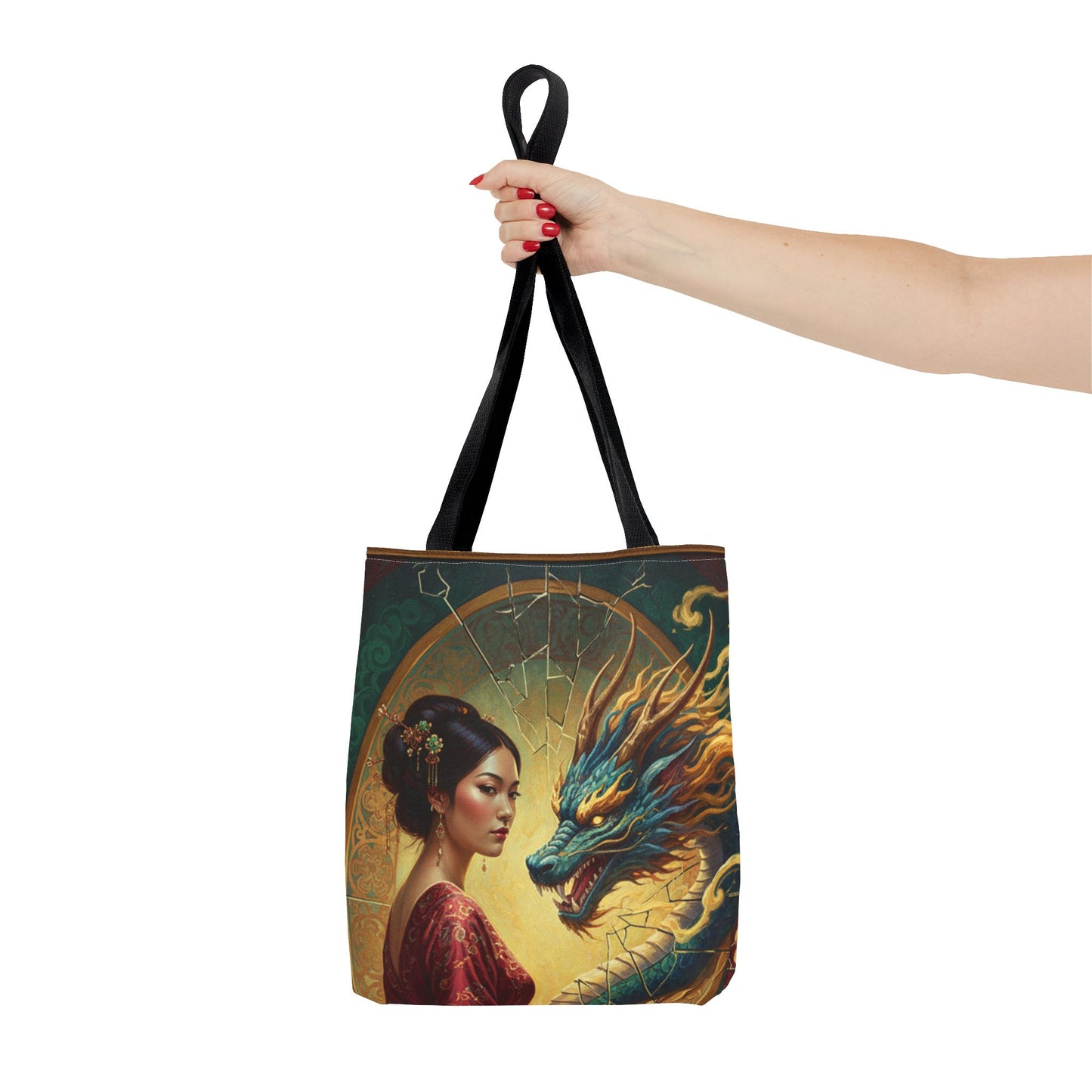 Asian Dragon Muse Tote Bag — Fantasy Art Dragon & Geisha Illustration AOP