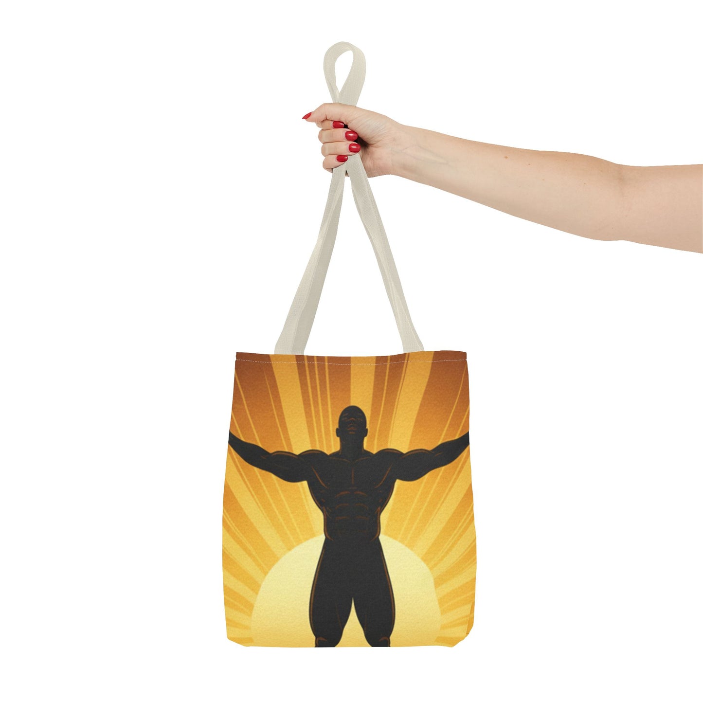 Sunrise Strength Tote Bag – Muscular Silhouette Graphic Beach & Gym Tote