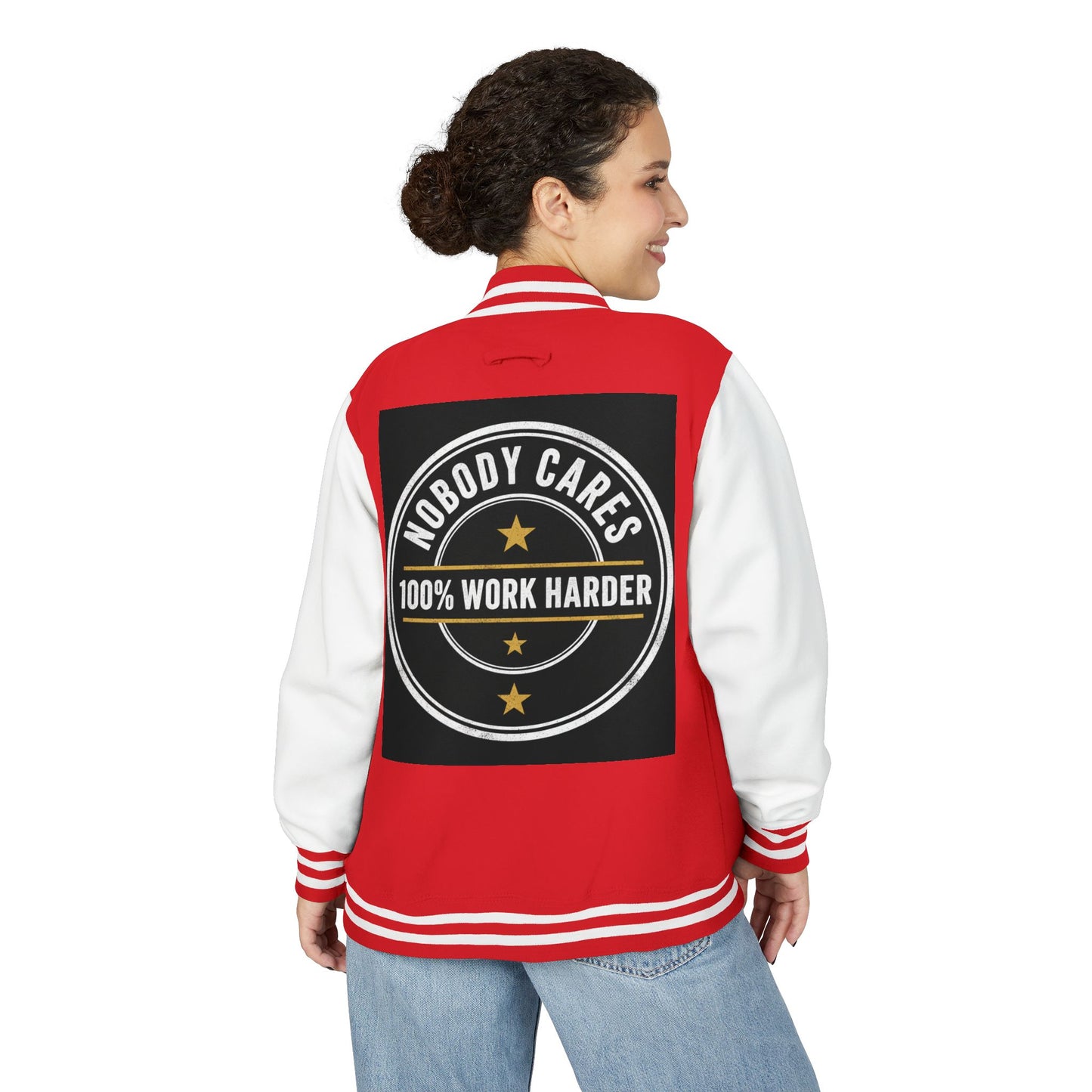 Letterman Jacket — "Nobody Cares, 100% Work Harder" Motivational Varsity Coat