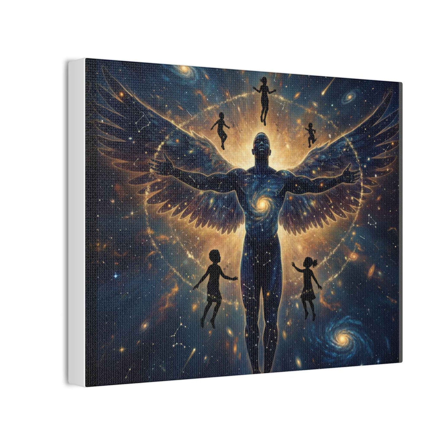 Cosmic Guardian Canvas Print — Angelic Figure with Floating Children