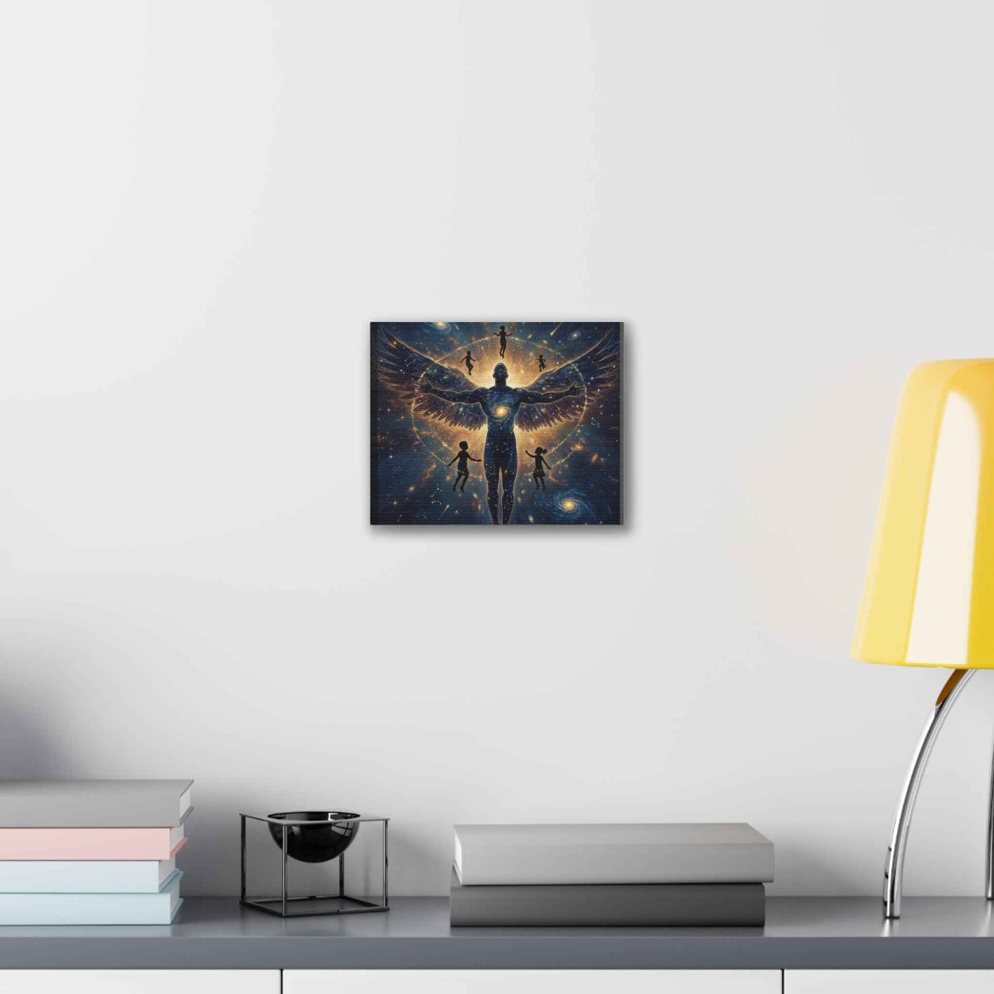Cosmic Guardian Canvas Print — Angelic Figure with Floating Children