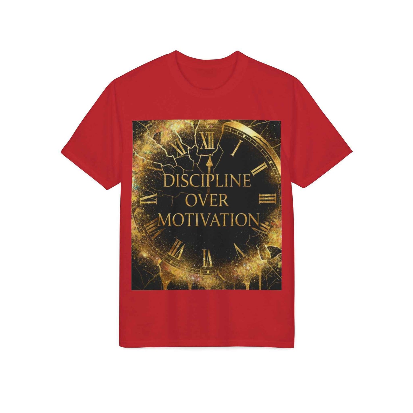 Discipline Over Motivation T-Shirt — Motivational Fitness Tee with Gold Clock Design