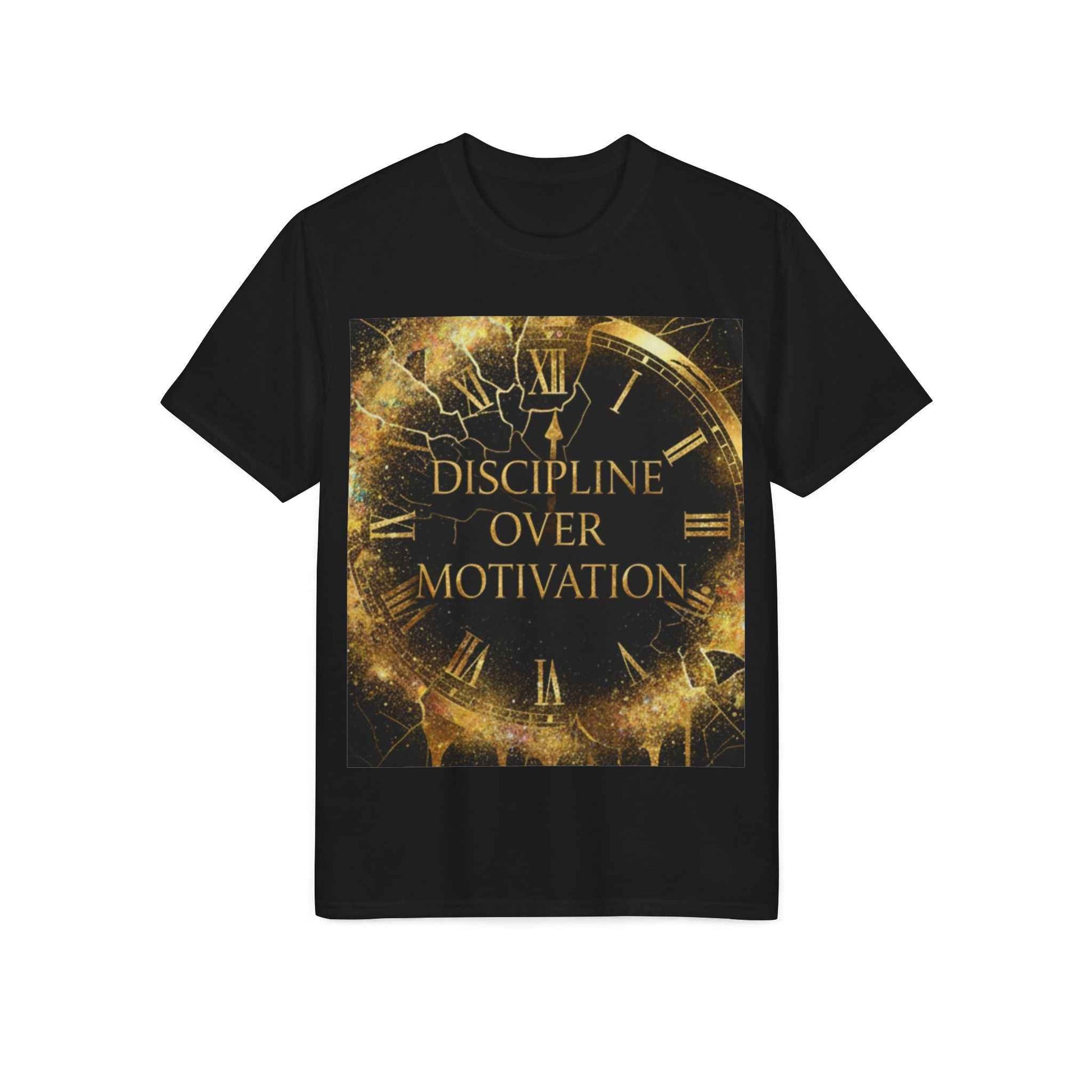 Discipline Over Motivation T-Shirt — Motivational Fitness Tee with Gold Clock Design
