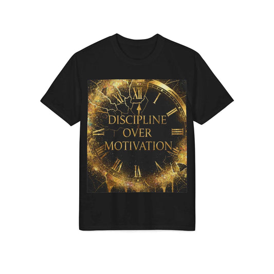 Discipline Over Motivation T-Shirt — Motivational Fitness Tee with Gold Clock Design