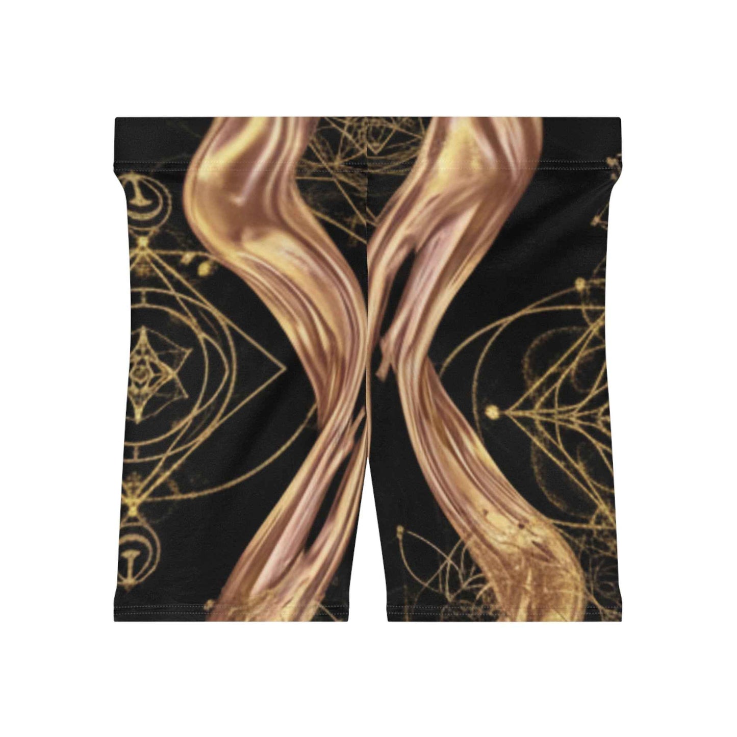 Gold Swirl Yoga Biker Shorts — Metallic Geometric Activewear