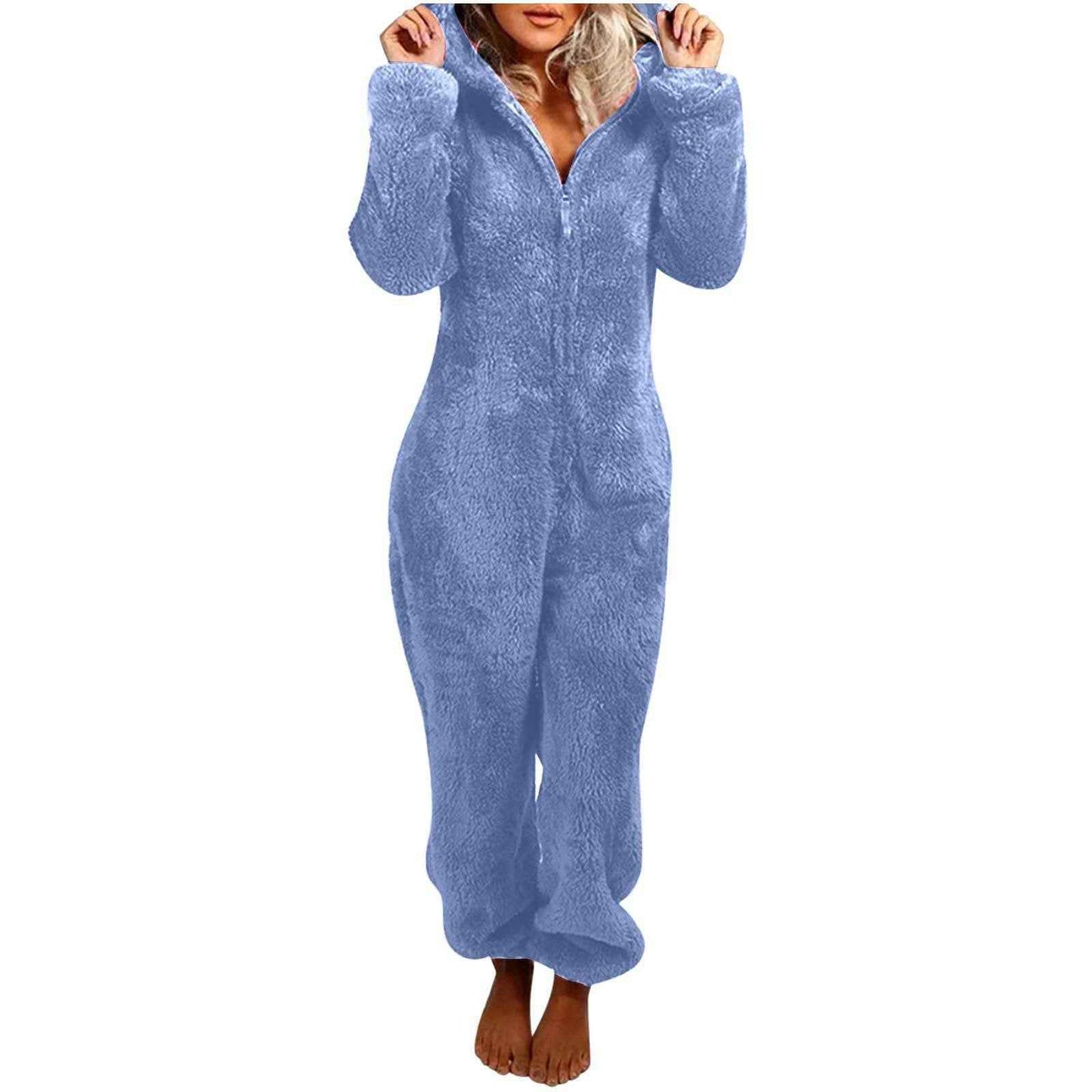 Fleece-lined Thickened Furry Jumpsuit Hooded Pajamas