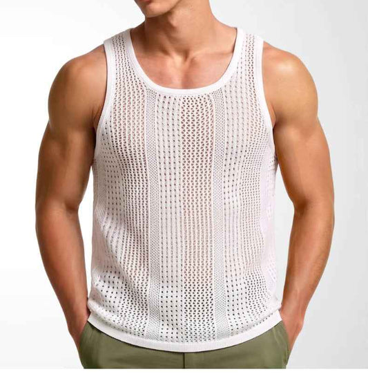 New Summer Men's Sleeveless Knit Hollow-out Deep U-Neck Casual Tank Top