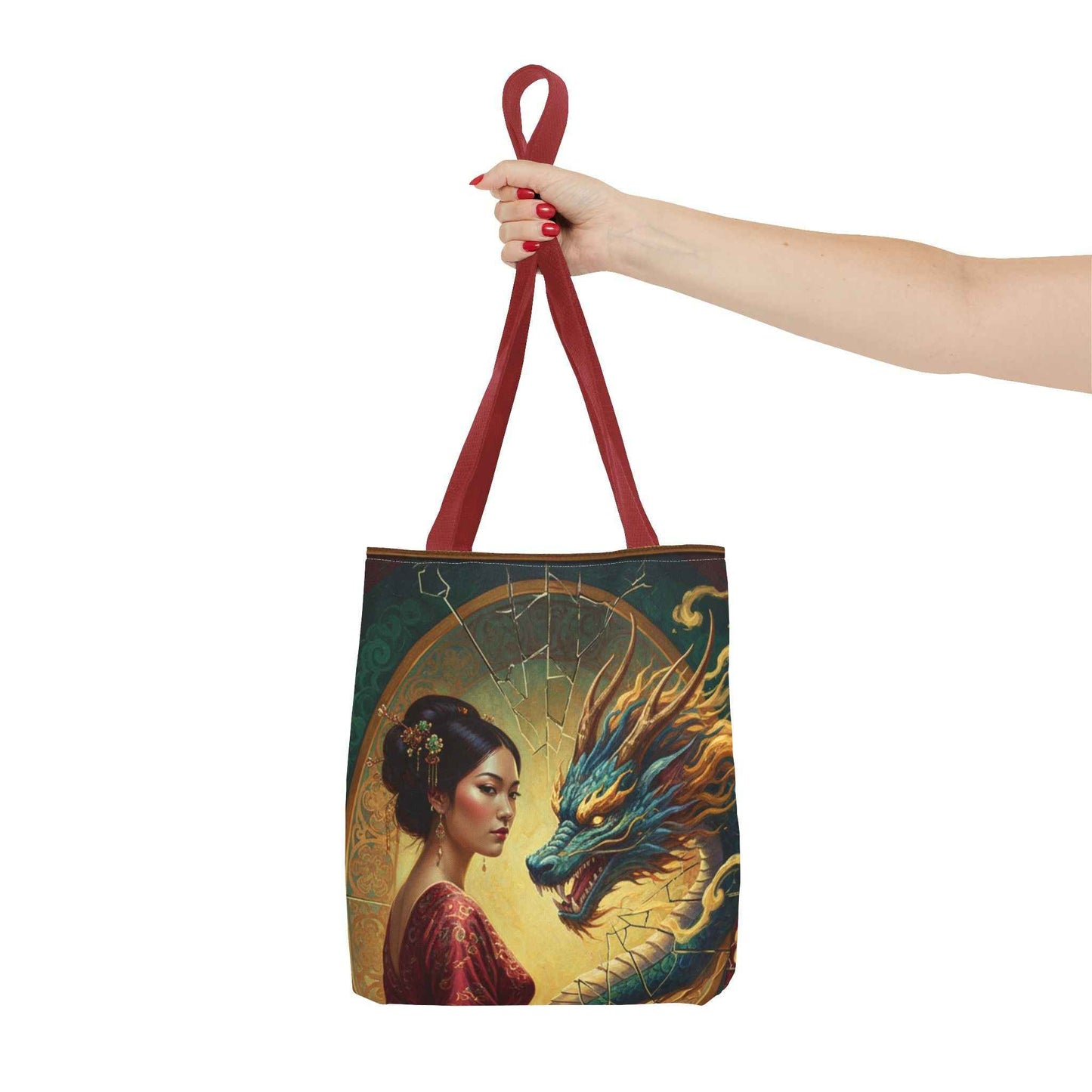 Asian Dragon Muse Tote Bag — Fantasy Art Dragon & Geisha Illustration AOP