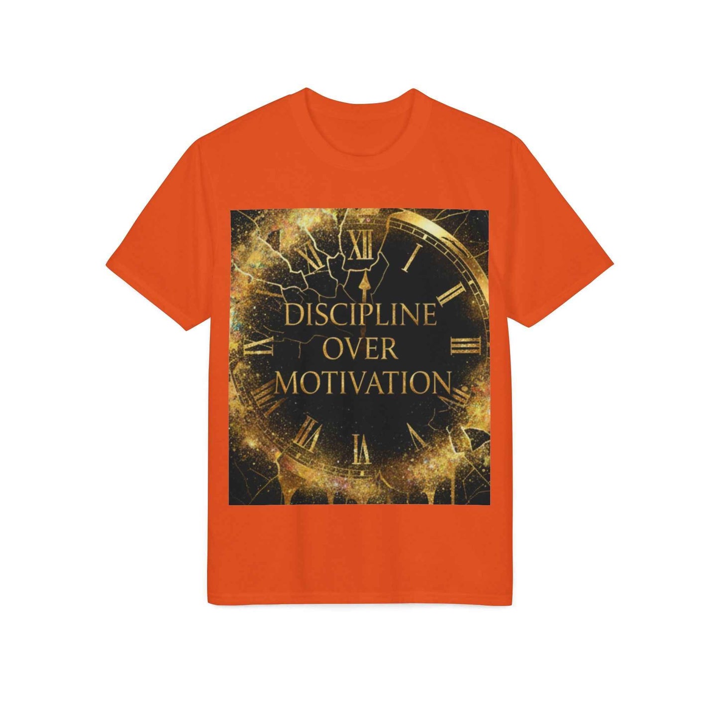 Discipline Over Motivation T-Shirt — Motivational Fitness Tee with Gold Clock Design