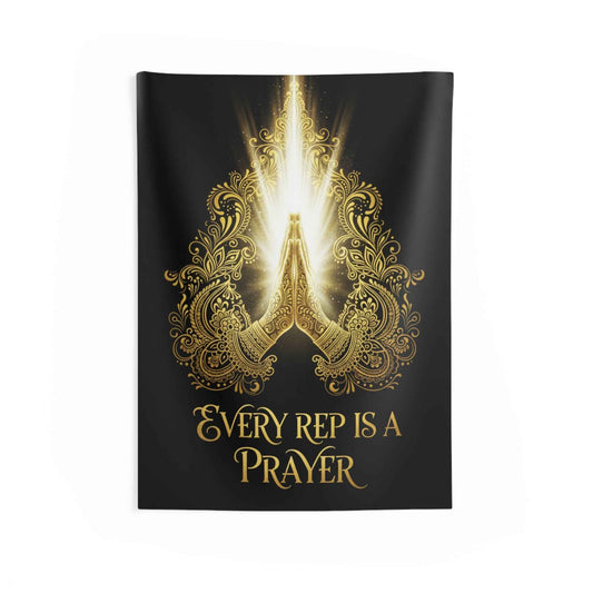 Prayer Hands Tapestry — "Every Rep Is a Prayer" Inspirational Gym Wall Art