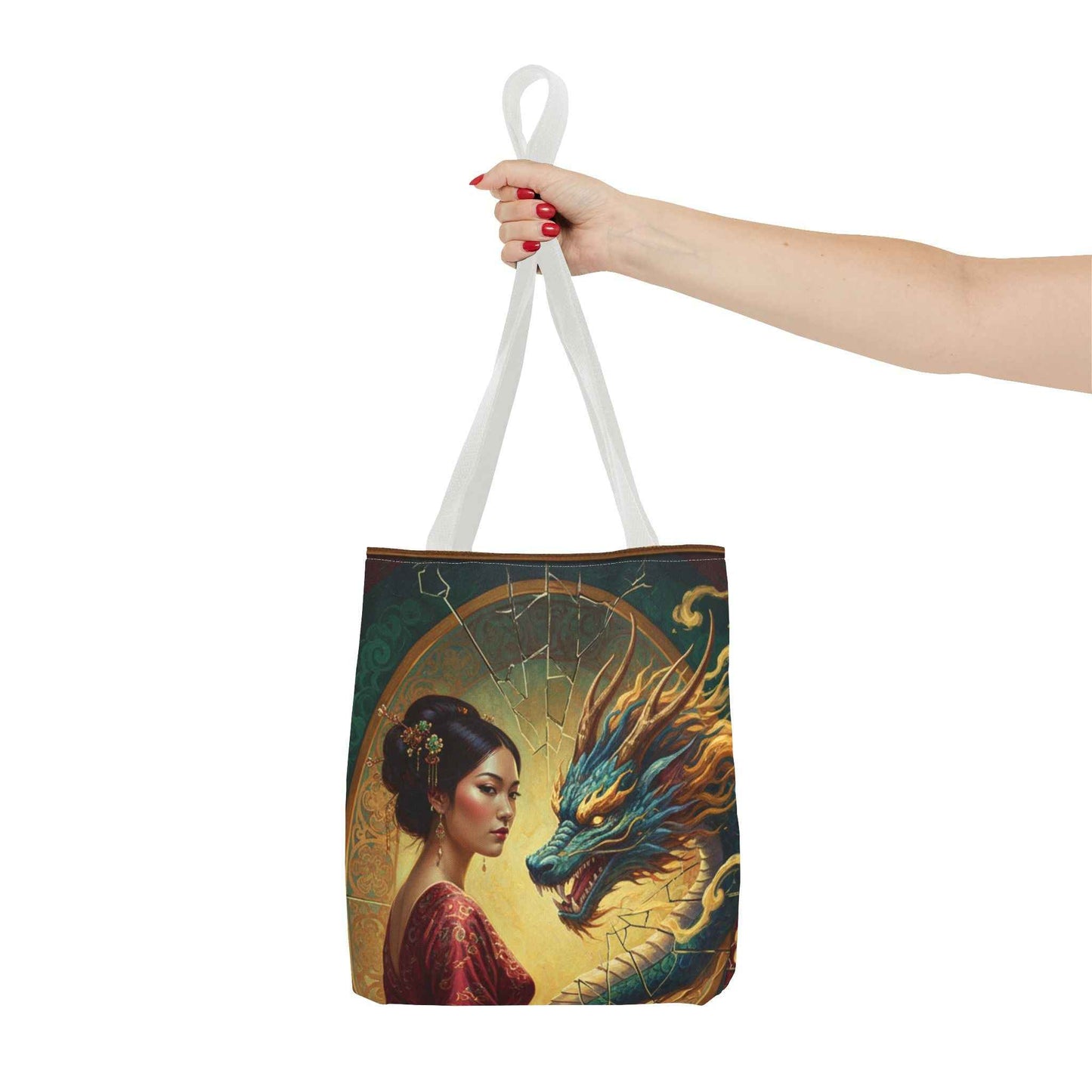 Asian Dragon Muse Tote Bag — Fantasy Art Dragon & Geisha Illustration AOP