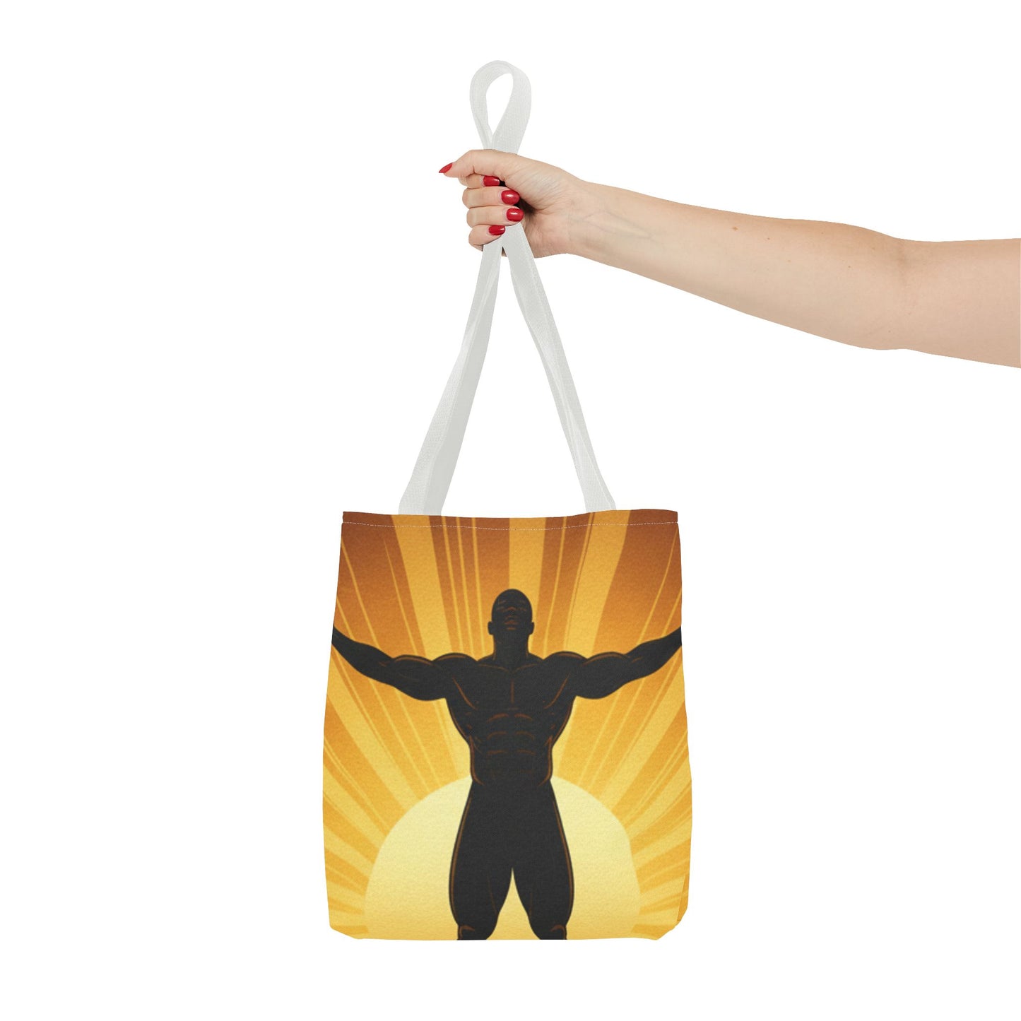 Sunrise Strength Tote Bag – Muscular Silhouette Graphic Beach & Gym Tote