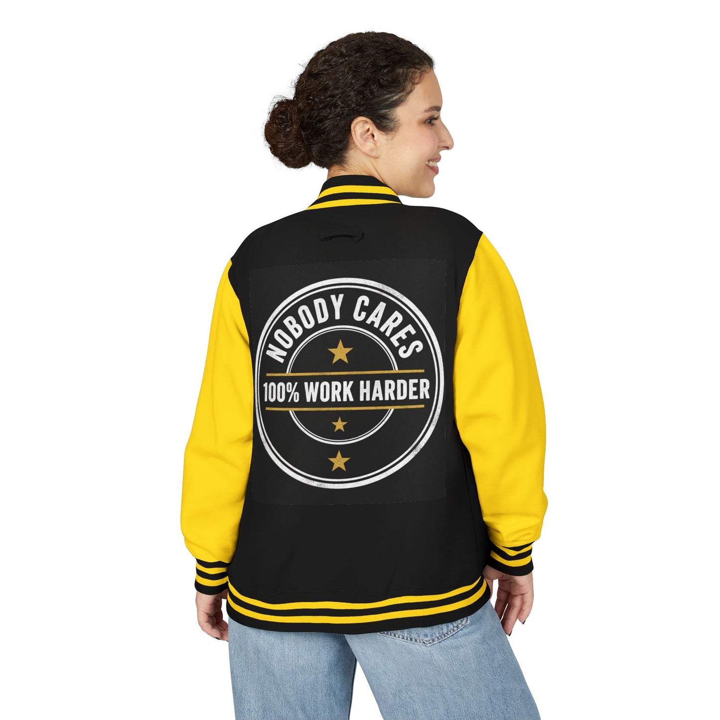 Letterman Jacket — "Nobody Cares, 100% Work Harder" Motivational Varsity Coat
