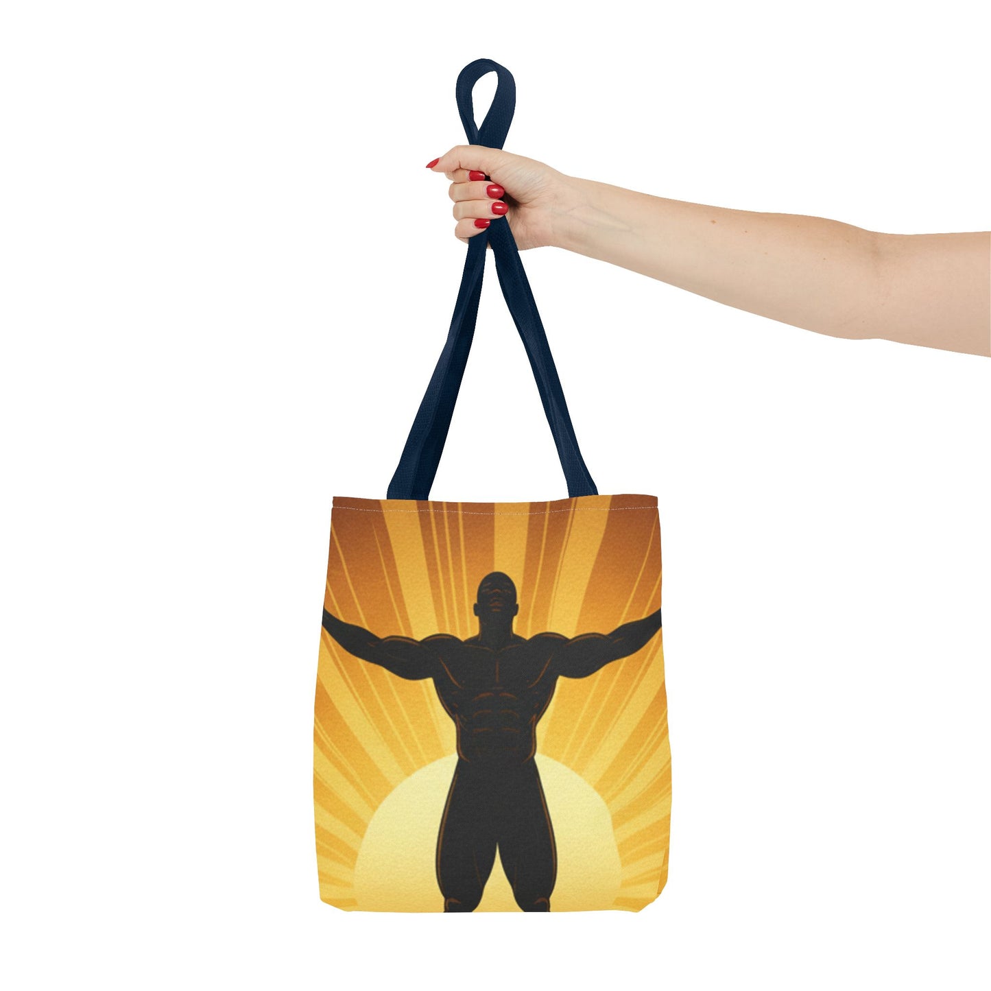 Sunrise Strength Tote Bag – Muscular Silhouette Graphic Beach & Gym Tote