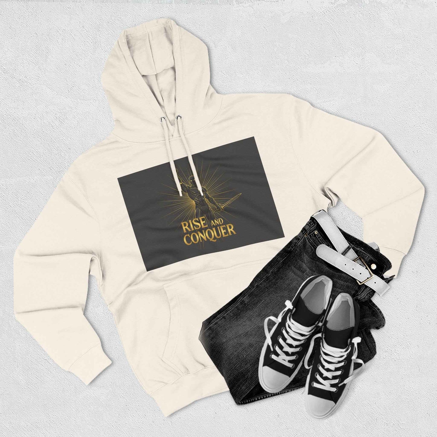 Rise and Conquer Hoodie — Motivational Graphic Fleece Pullover