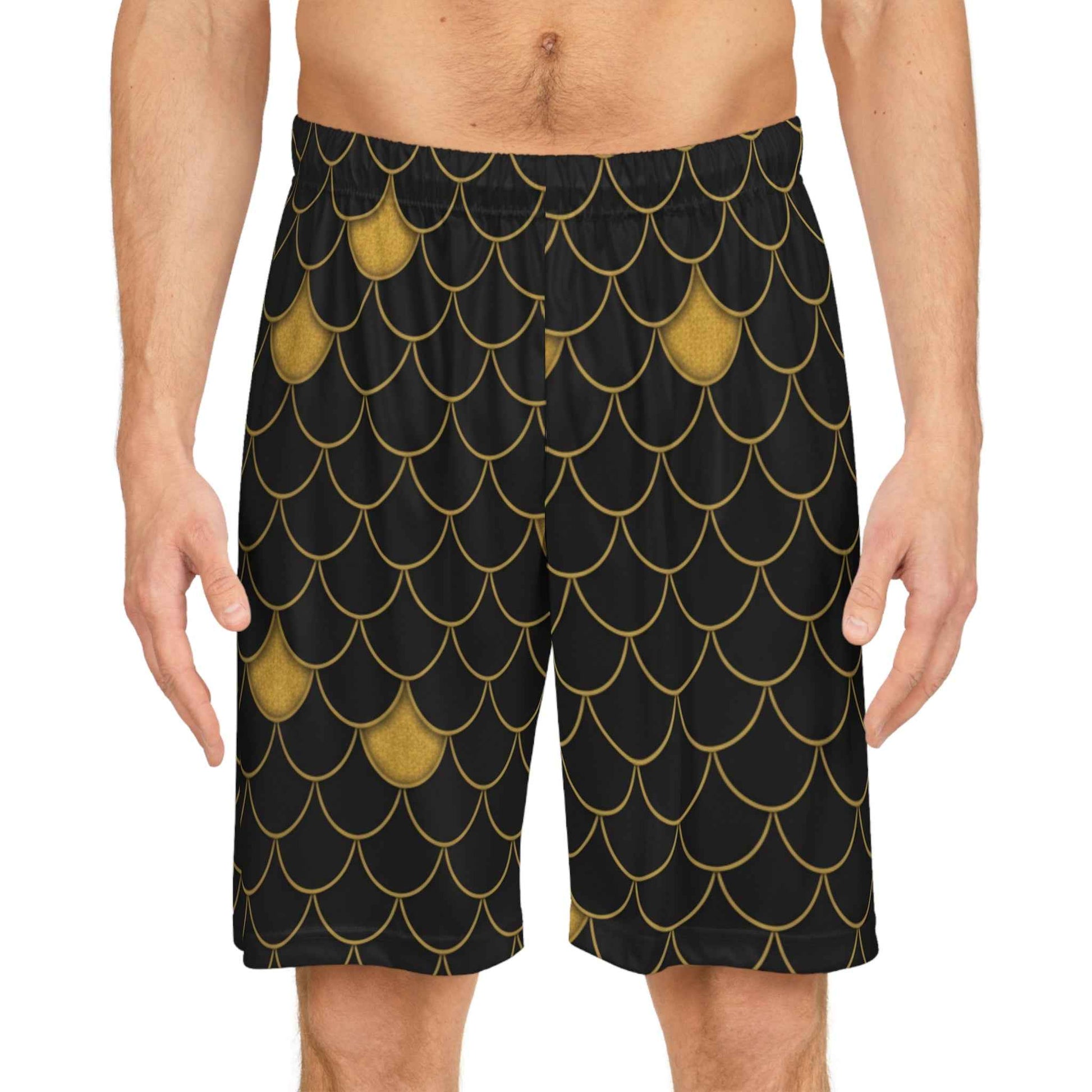 Gold Scale Pattern Basketball Shorts — Black & Metallic All-Over Print
