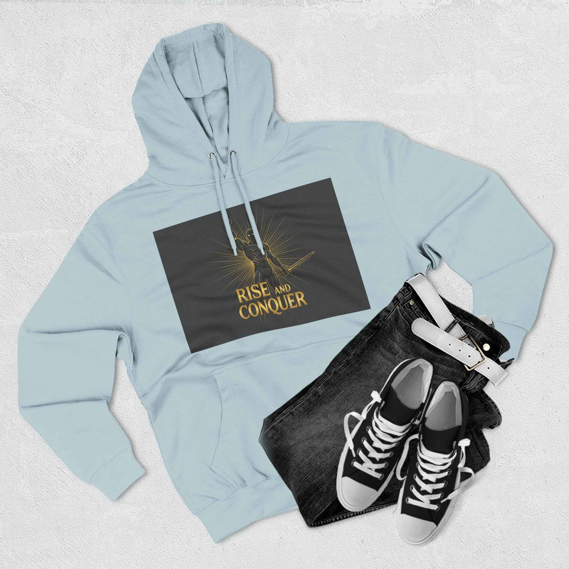 Rise and Conquer Hoodie — Motivational Graphic Fleece Pullover