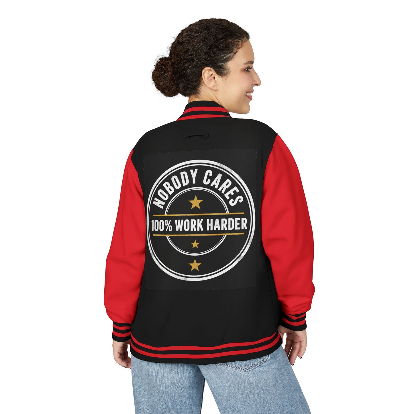 Letterman Jacket — "Nobody Cares, 100% Work Harder" Motivational Varsity Coat