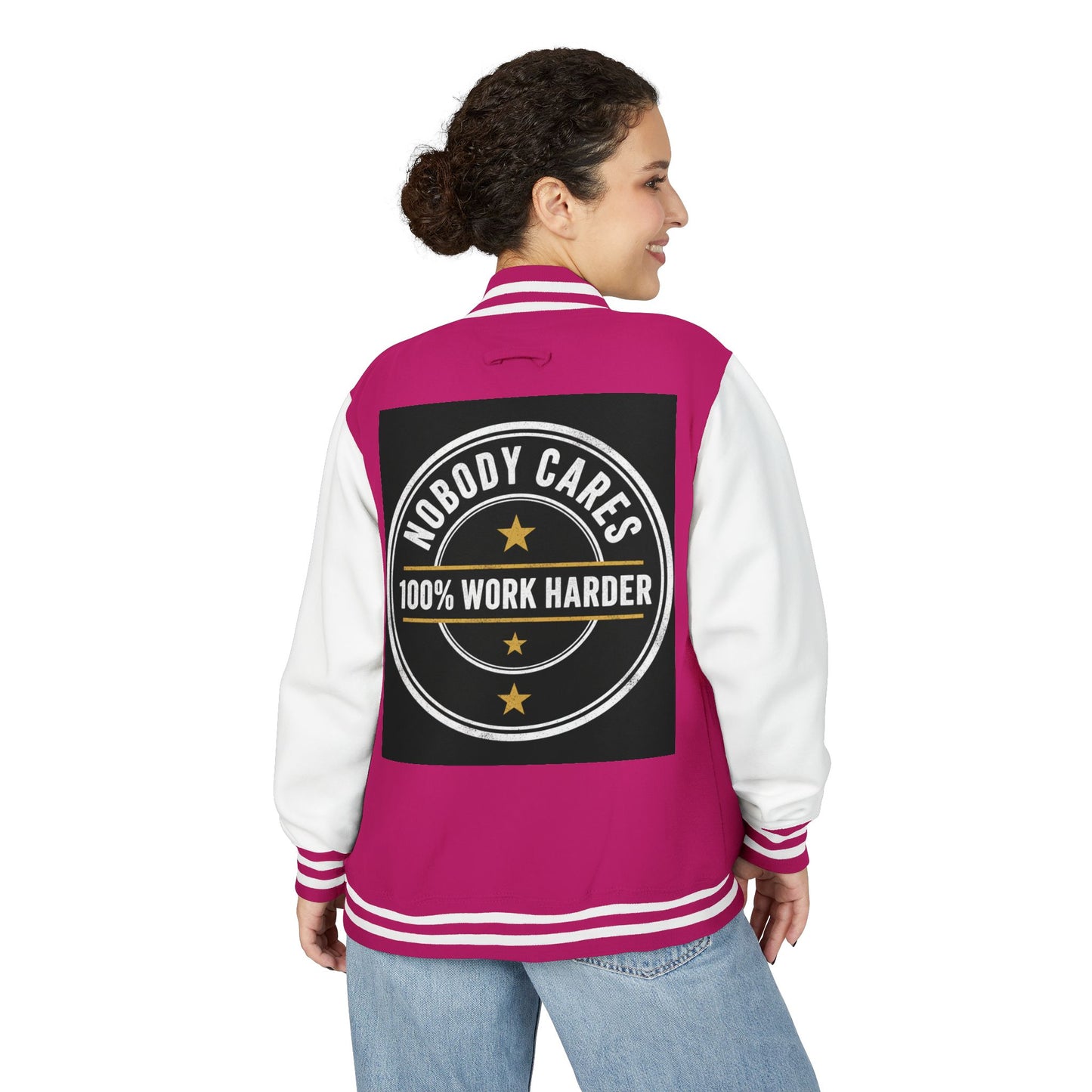 Letterman Jacket — "Nobody Cares, 100% Work Harder" Motivational Varsity Coat