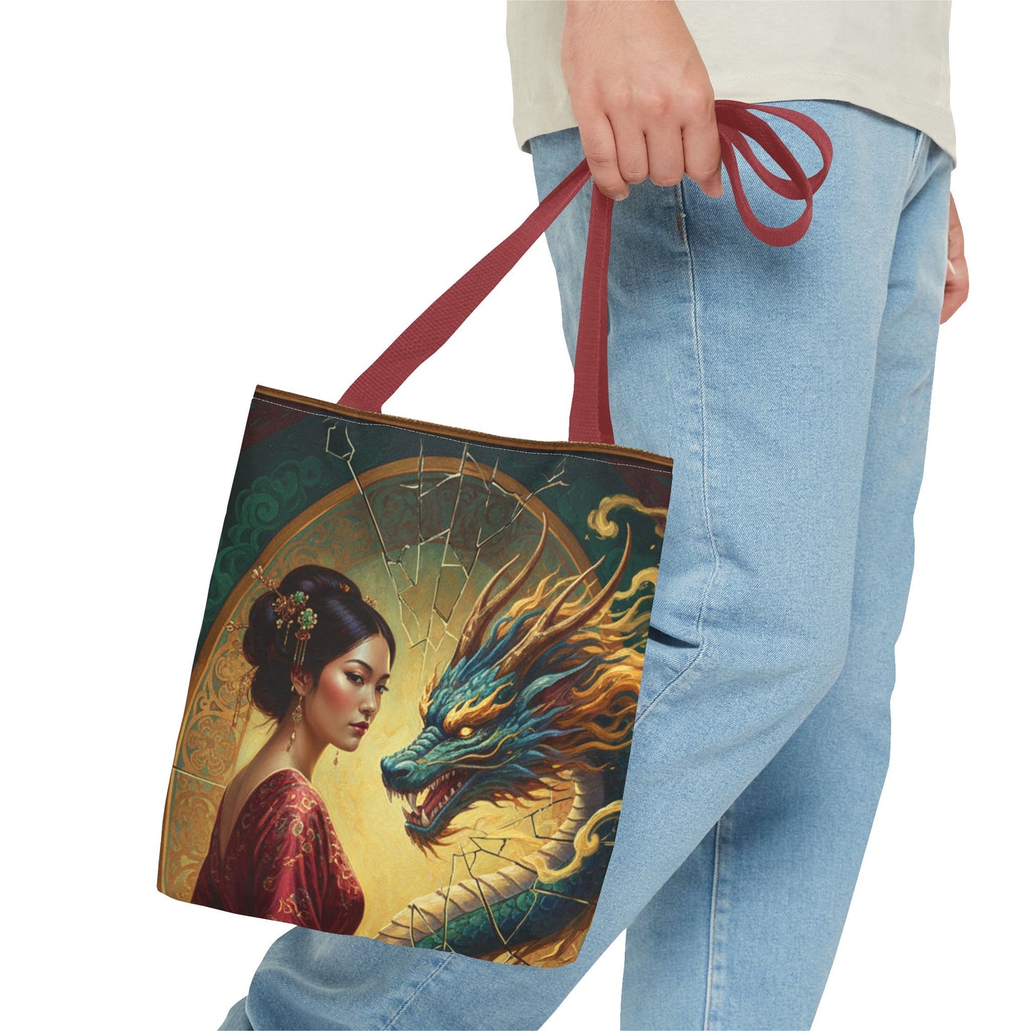 Asian Dragon Muse Tote Bag — Fantasy Art Dragon & Geisha Illustration AOP