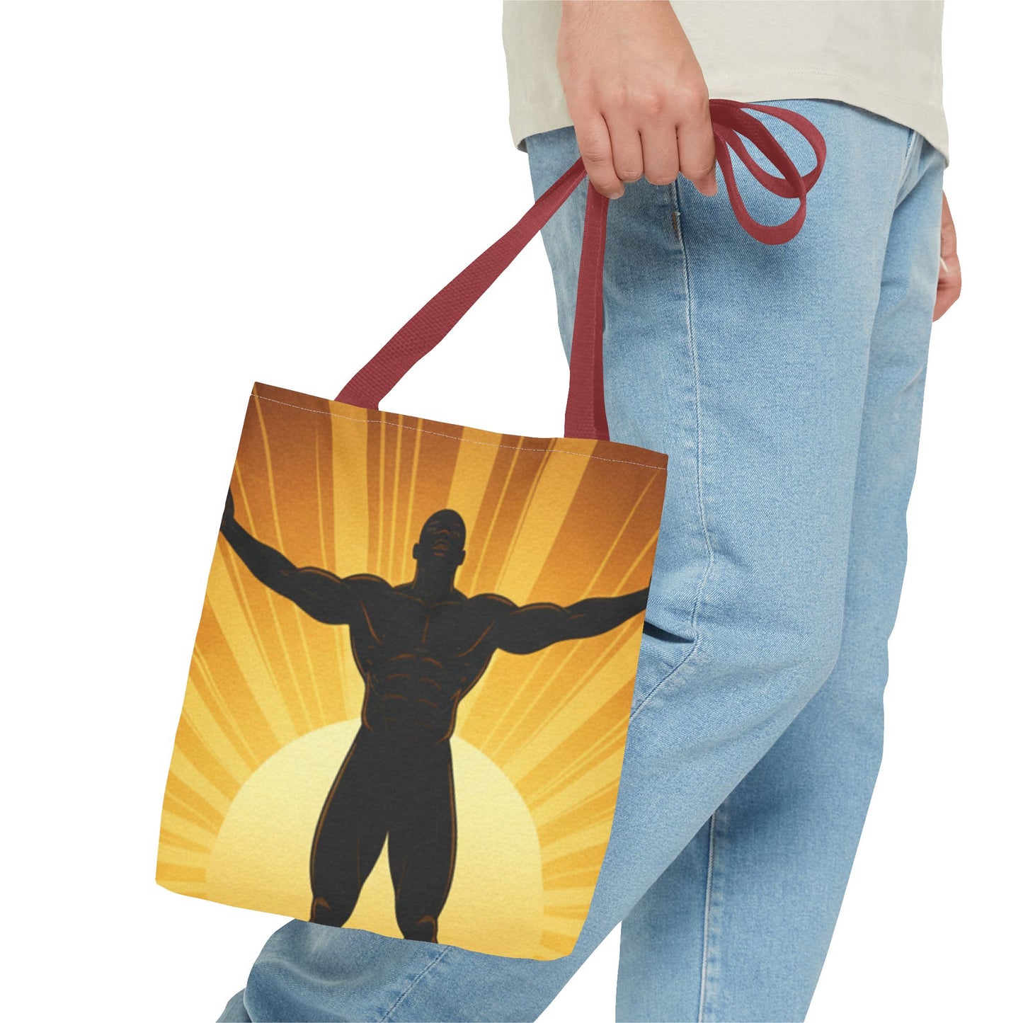 Sunrise Strength Tote Bag – Muscular Silhouette Graphic Beach & Gym Tote