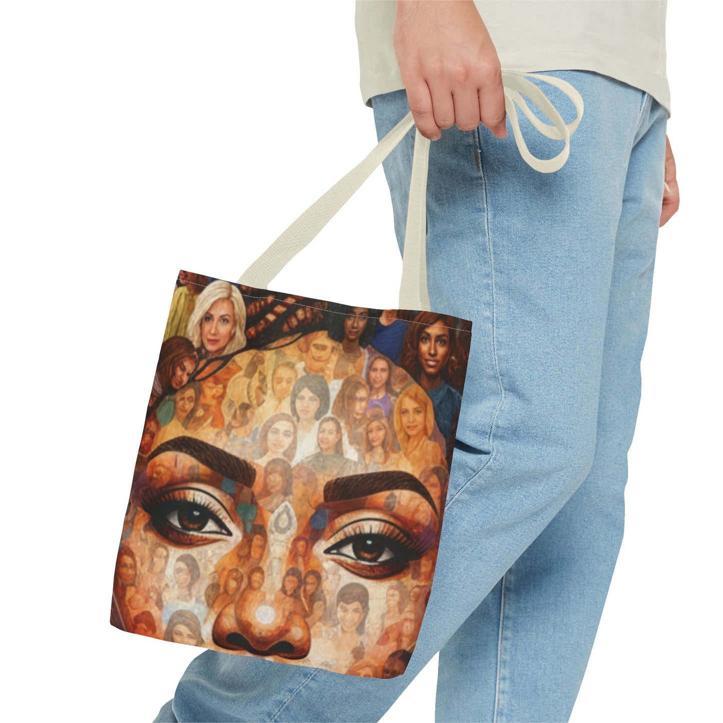 Portrait Mosaic Tote Bag — Bold Eye & Face Collage All-Over Print
