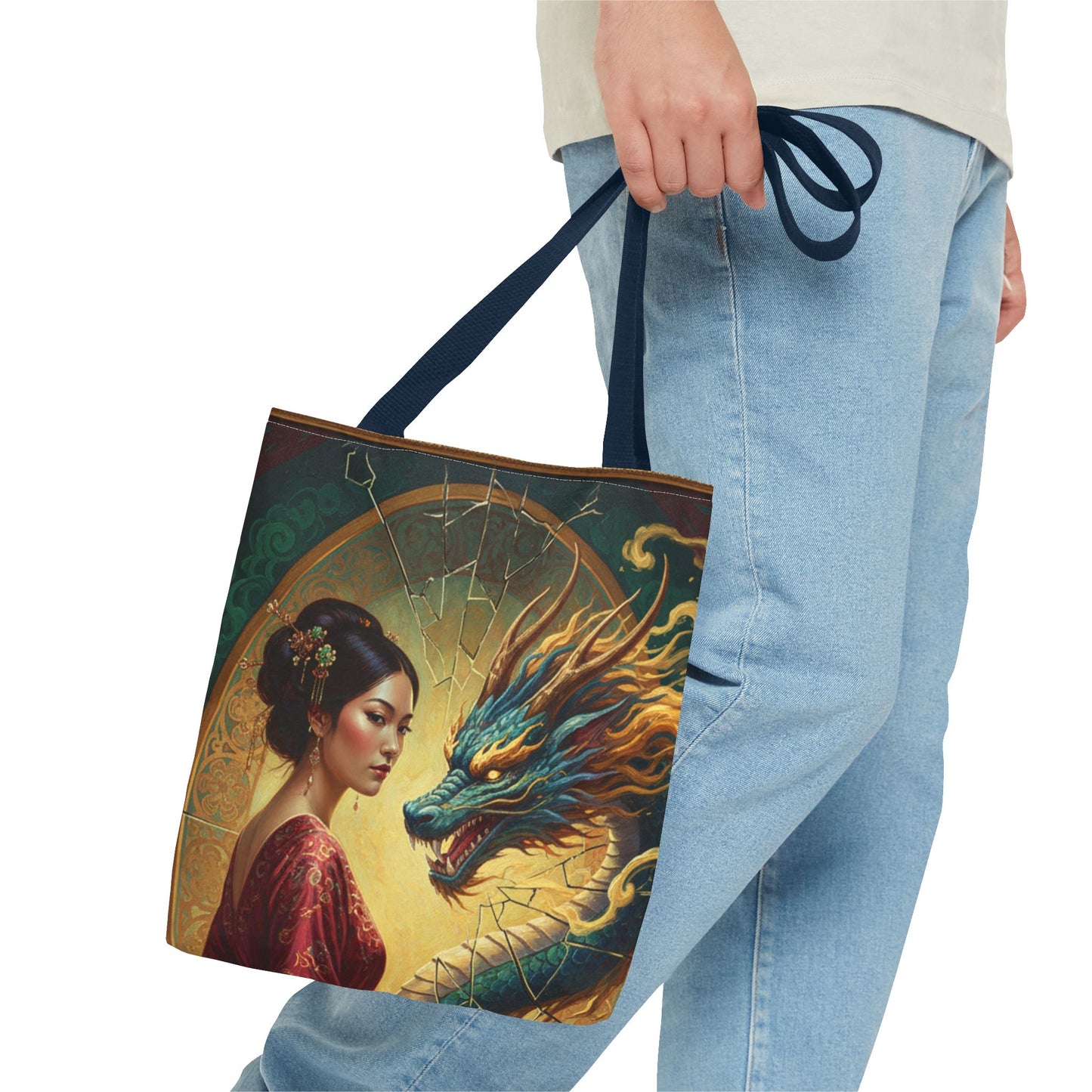Asian Dragon Muse Tote Bag — Fantasy Art Dragon & Geisha Illustration AOP