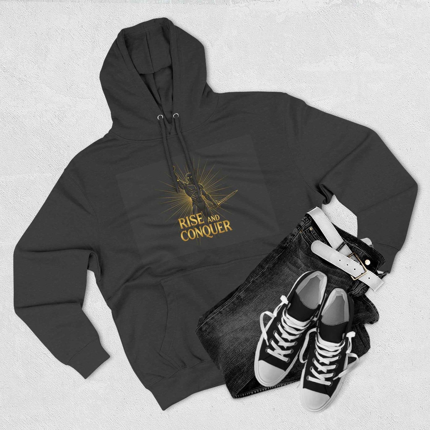 Rise and Conquer Hoodie — Motivational Graphic Fleece Pullover