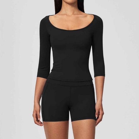 Fitted Waist Three-quarter Sleeves Hip-lifting Shorts Two-piece Set Slimming
