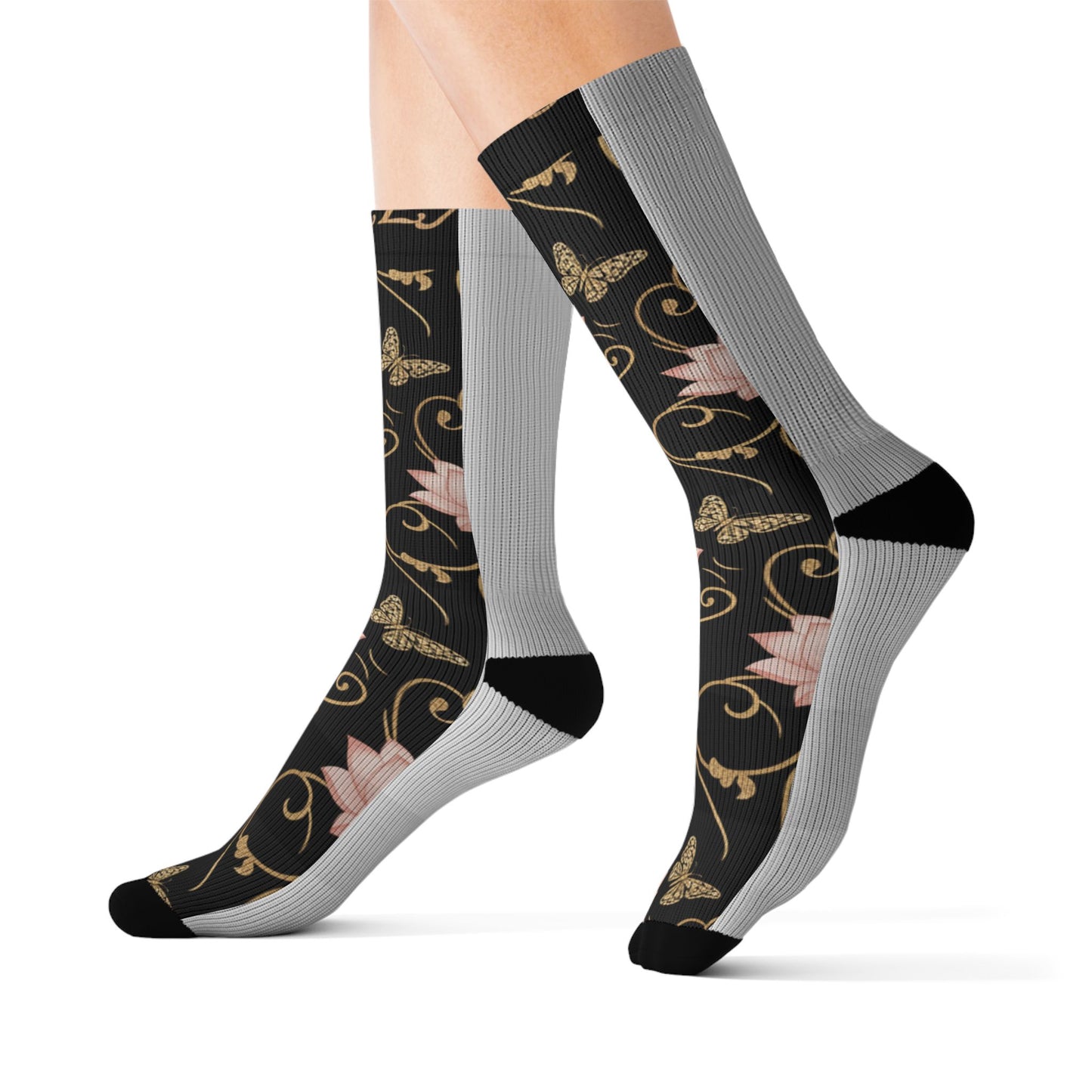 Floral Vine Sublimation Socks — Black & Pink Vintage Patterned Crew Socks