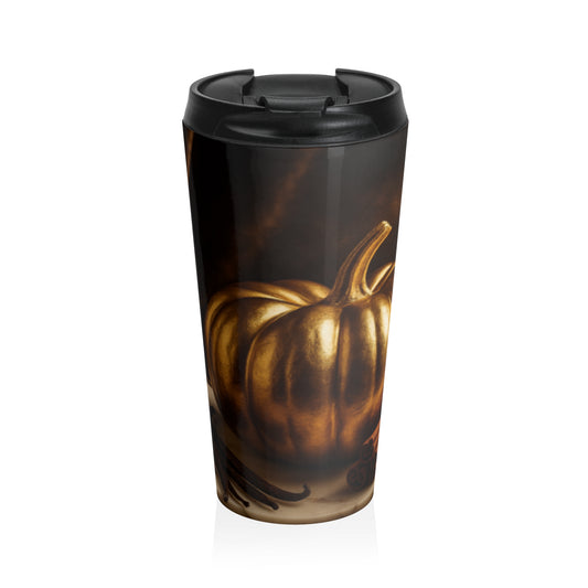 Rustic Autumn Stainless Steel Travel Mug, Coffee Gift for Fall, Pumpkin Design, Hot Beverage Thermos, Perfect for Thanksgiving