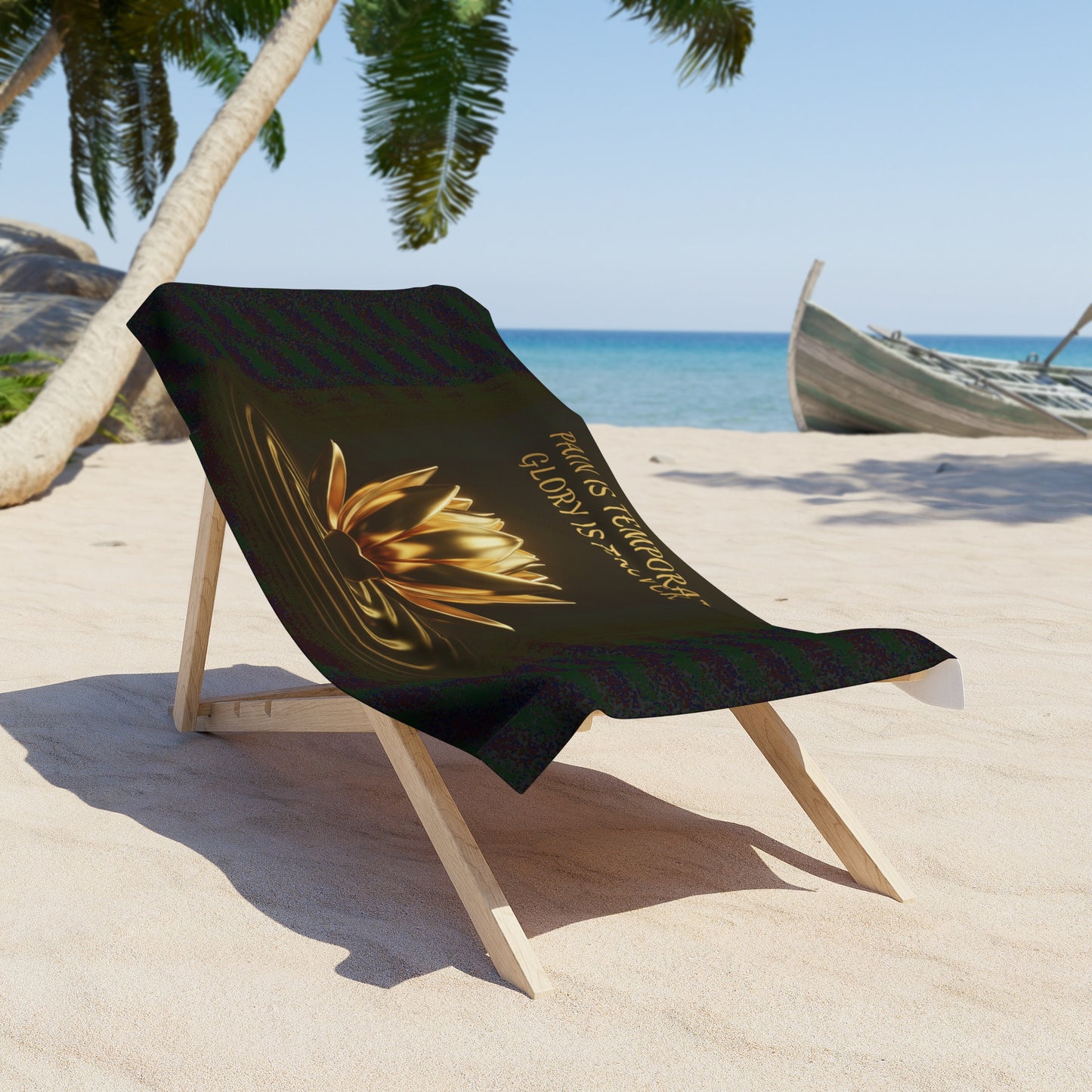 Beach Towel — Golden Lotus Design with "Pain Is Temporary, Glory Is Forever" Inspirational Quote