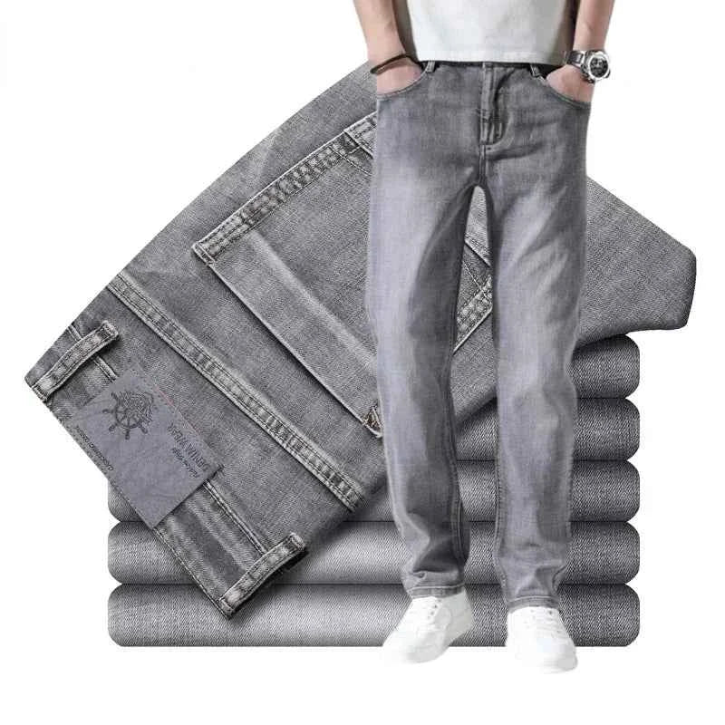 2024 Cotton Stretch Jeans Business Casual Men's Thin Denim Jeans Grey Spring Summer Brand New Fit Straight Lightweight