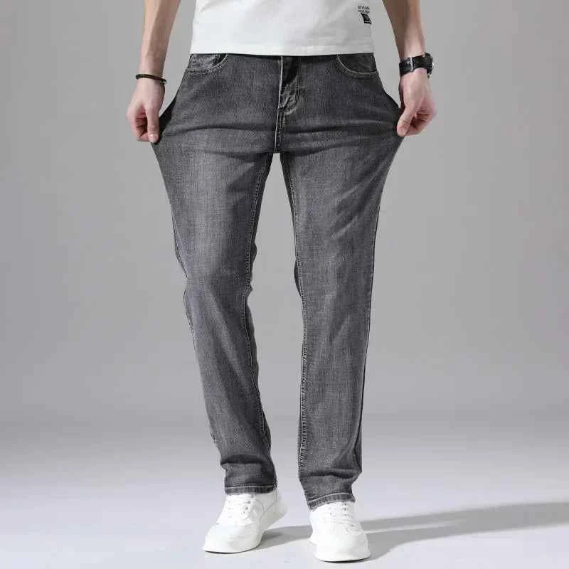 2024 Cotton Stretch Jeans Business Casual Men's Thin Denim Jeans Grey Spring Summer Brand New Fit Straight Lightweight