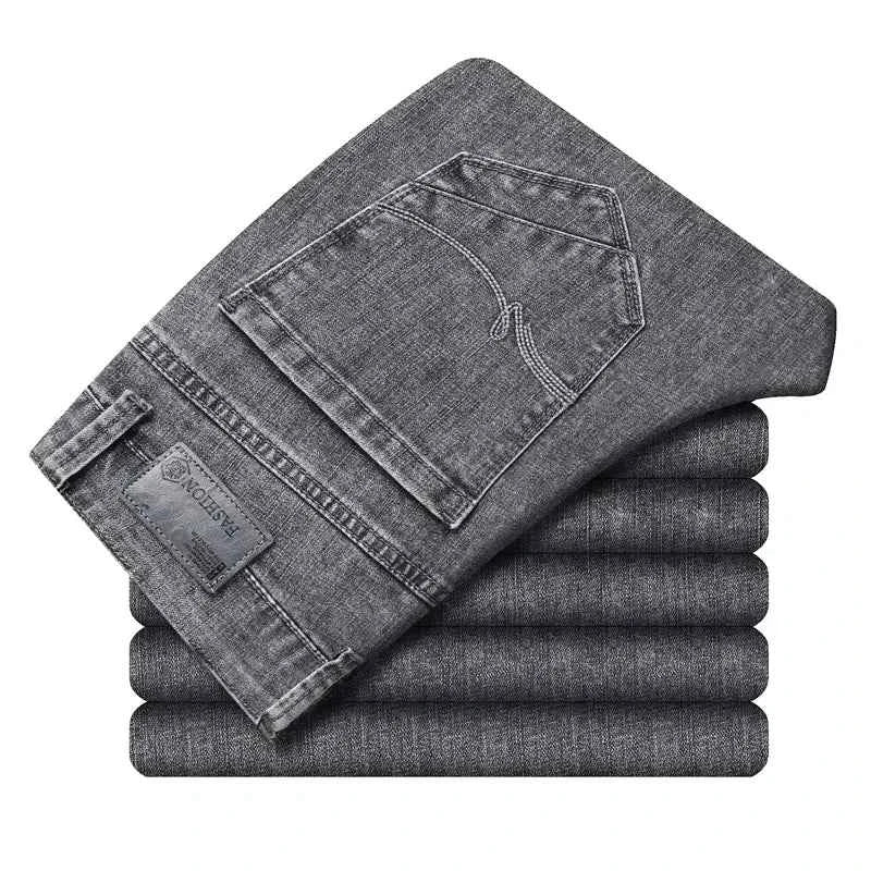 2024 Cotton Stretch Jeans Business Casual Men's Thin Denim Jeans Grey Spring Summer Brand New Fit Straight Lightweight