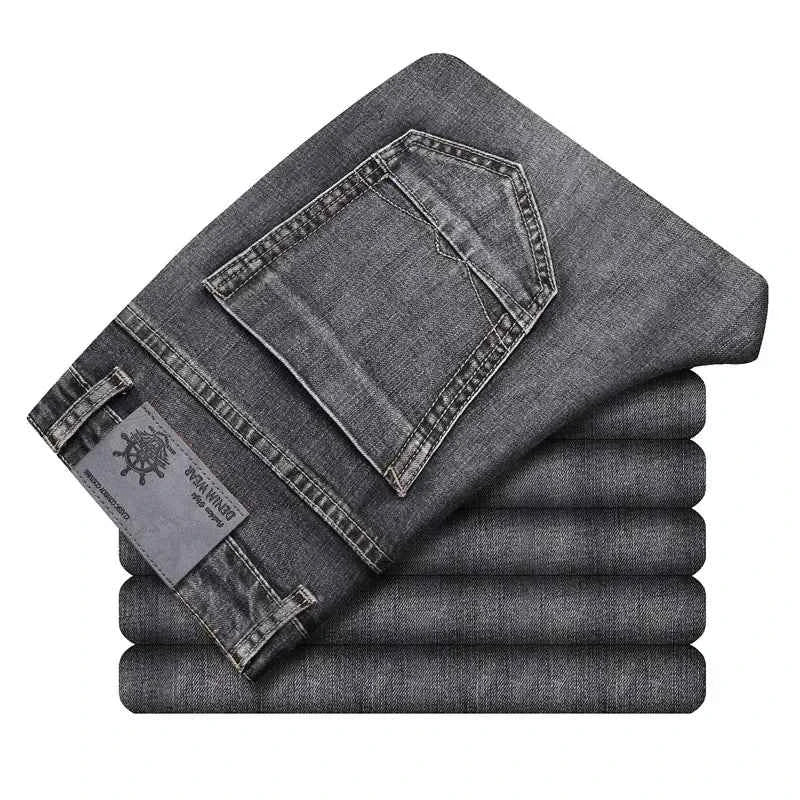 2024 Cotton Stretch Jeans Business Casual Men's Thin Denim Jeans Grey Spring Summer Brand New Fit Straight Lightweight