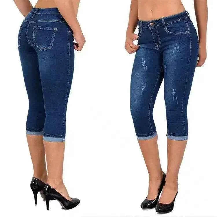 2025 Women's Summer Skinny Denim Pants Jeans Mid Waist Stretch Capri Pants Knee Length Trousers Black Blue Ladies Pencil Pants