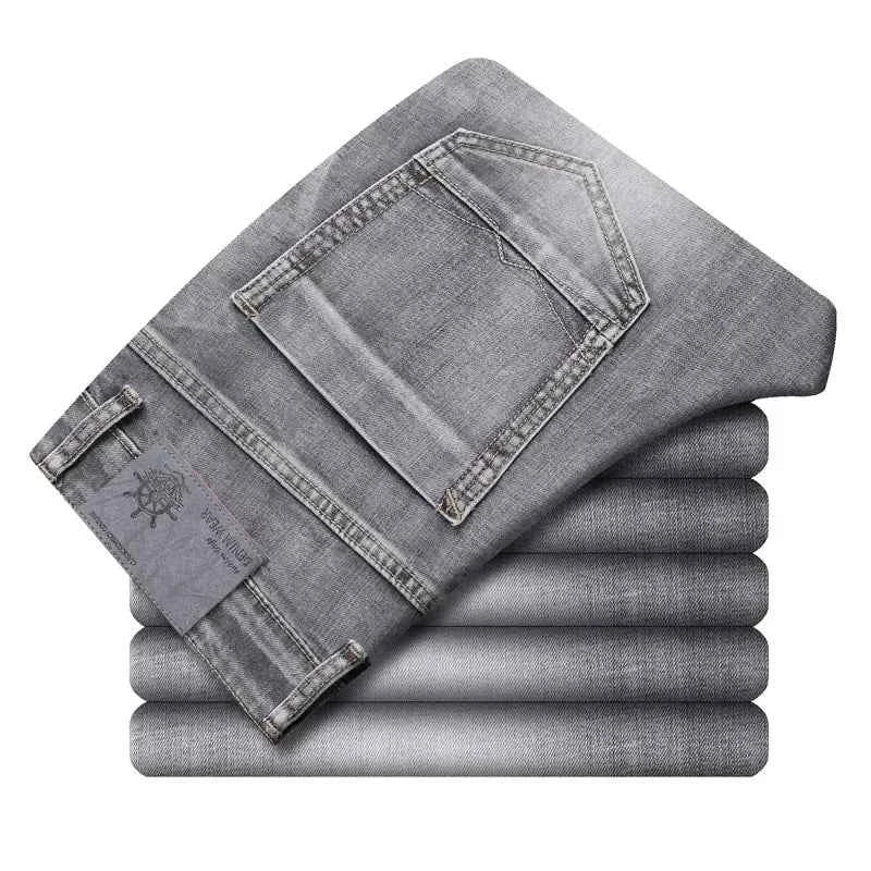 2024 Cotton Stretch Jeans Business Casual Men's Thin Denim Jeans Grey Spring Summer Brand New Fit Straight Lightweight