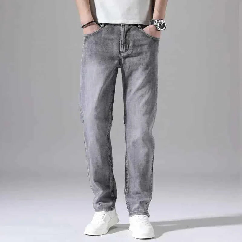 2024 Cotton Stretch Jeans Business Casual Men's Thin Denim Jeans Grey Spring Summer Brand New Fit Straight Lightweight