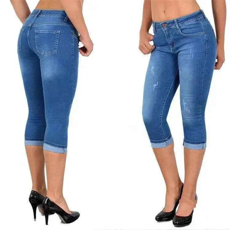 2025 Women's Summer Skinny Denim Pants Jeans Mid Waist Stretch Capri Pants Knee Length Trousers Black Blue Ladies Pencil Pants