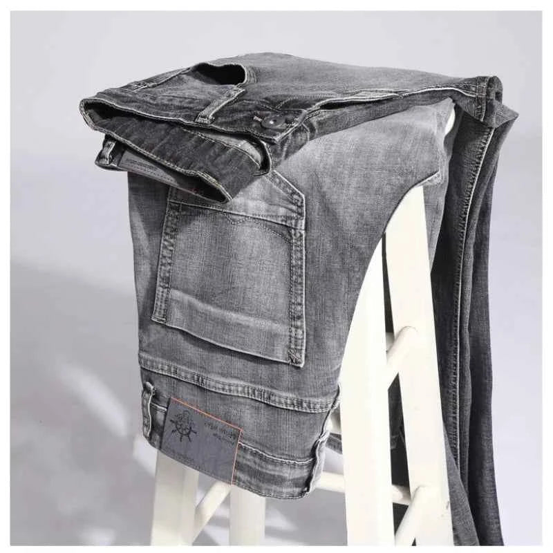 2024 Cotton Stretch Jeans Business Casual Men's Thin Denim Jeans Grey Spring Summer Brand New Fit Straight Lightweight