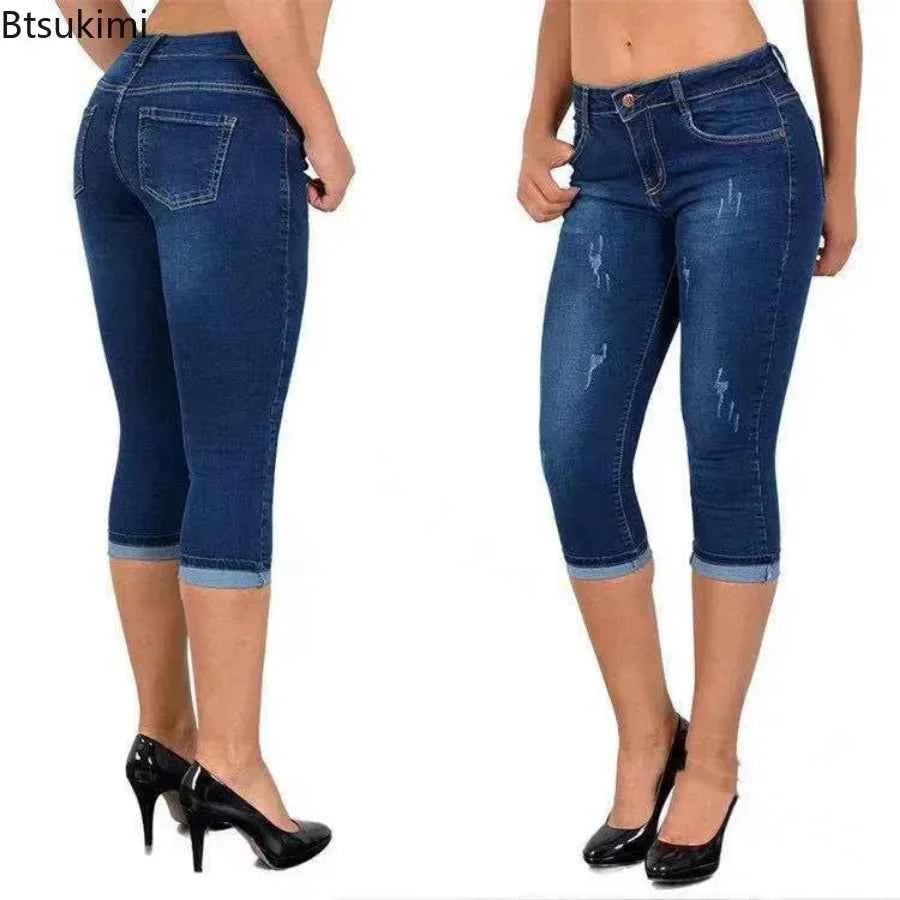 2025 Women's Summer Skinny Denim Pants Jeans Mid Waist Stretch Capri Pants Knee Length Trousers Black Blue Ladies Pencil Pants