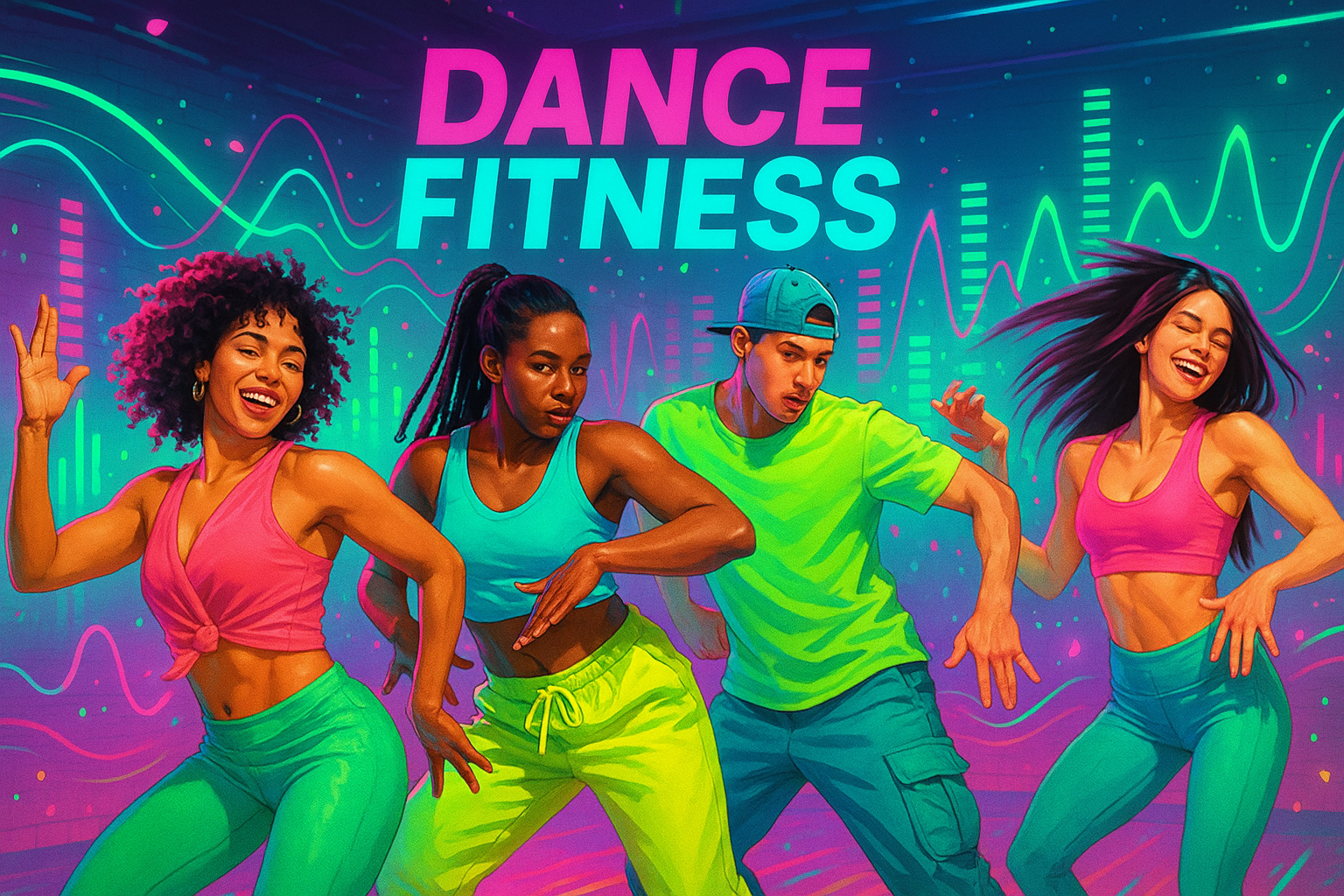 Alternative dance fitness image with Latin-inspired moves, hip-hop choreography, and electric neon colors