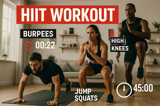 Alternative HIIT workout image with intense bodyweight exercises, timer graphics, and bold red/black colors emphasizing high-energy training