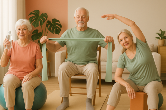 Alternative senior fitness image with resistance band workouts, gentle stretching, and warm encouraging colors