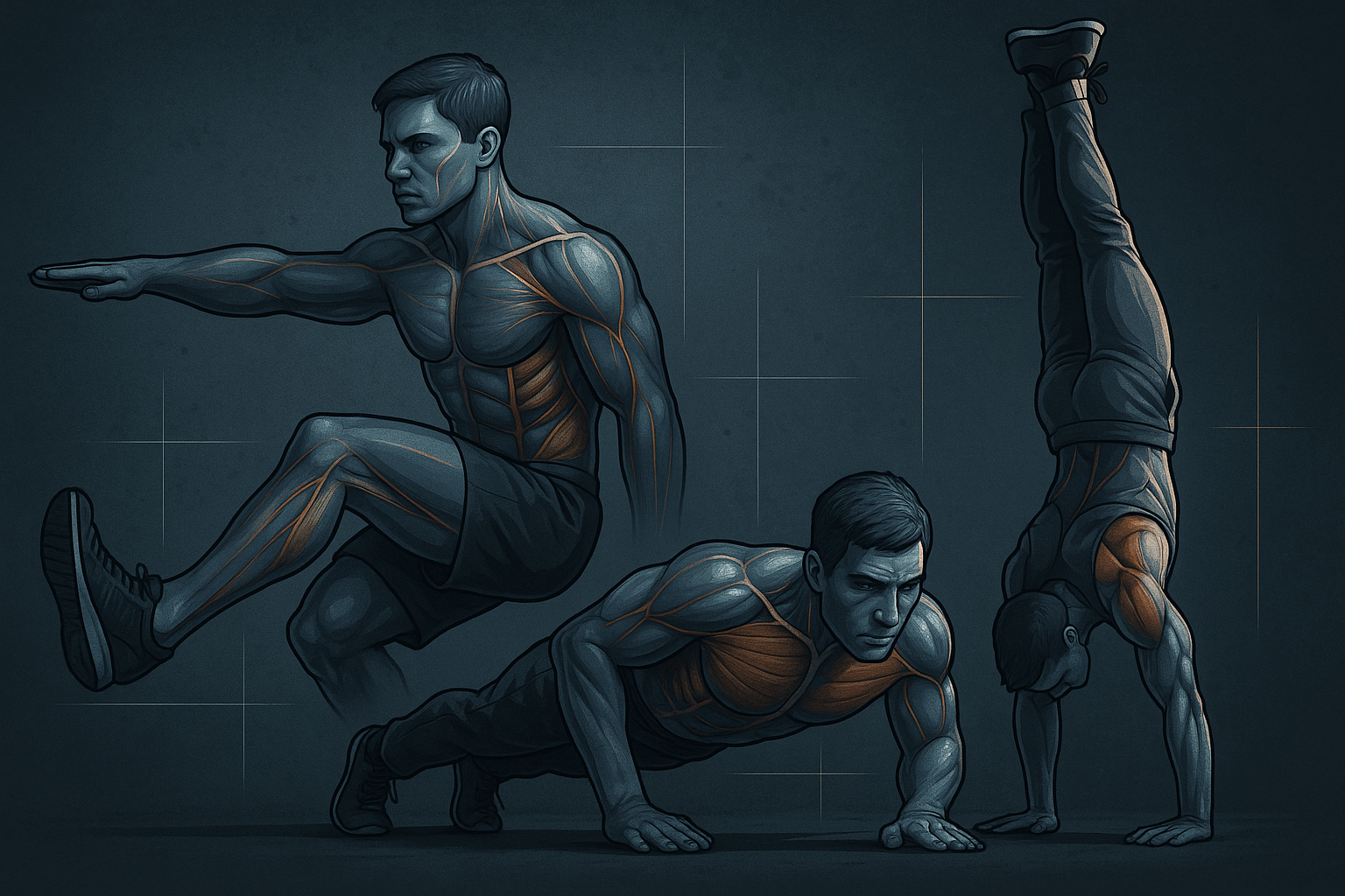 Alternative strength training image with advanced bodyweight exercises, form demonstrations, and metallic colors