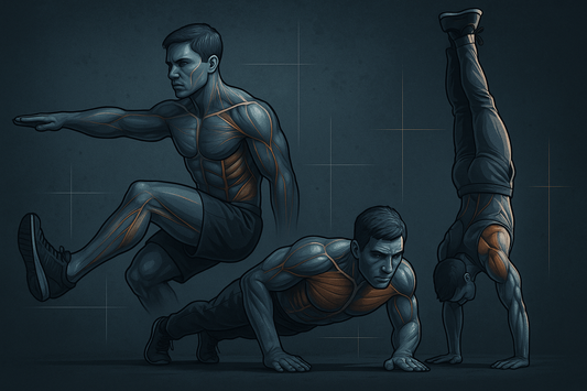 Alternative strength training image with advanced bodyweight exercises, form demonstrations, and metallic colors