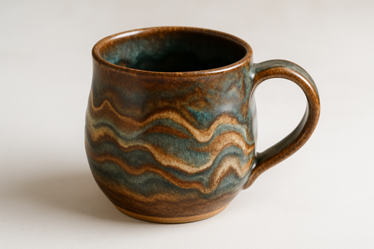 Artisan handcrafted ceramic coffee mug with beautiful reactive glaze finish in earthy tones