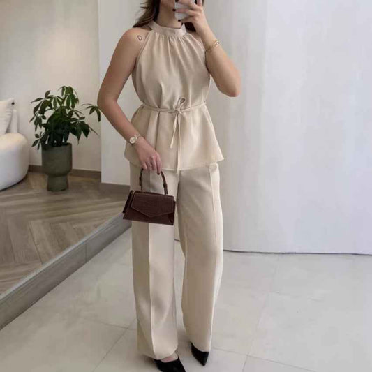 Simple Stand-collar Sleeveless Top And Wide-leg Pants Set